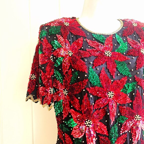 Vtg SCALA Silk Sequin Beaded Christmas Poinsettia Short Sleeve Top EXCELLENT - Picture 2 of 16